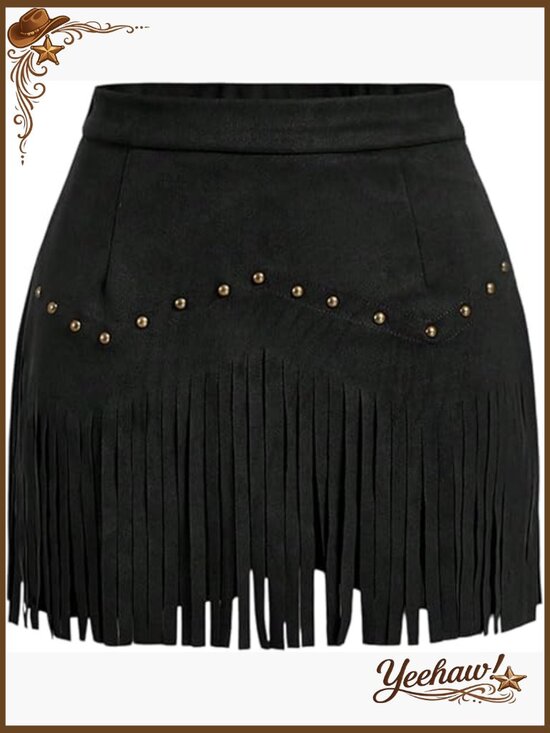 Dresses & Skirts - Faux Suede Fringe Mini Skirt High Rise A-Line Cowgirl Skirt for Country Concert